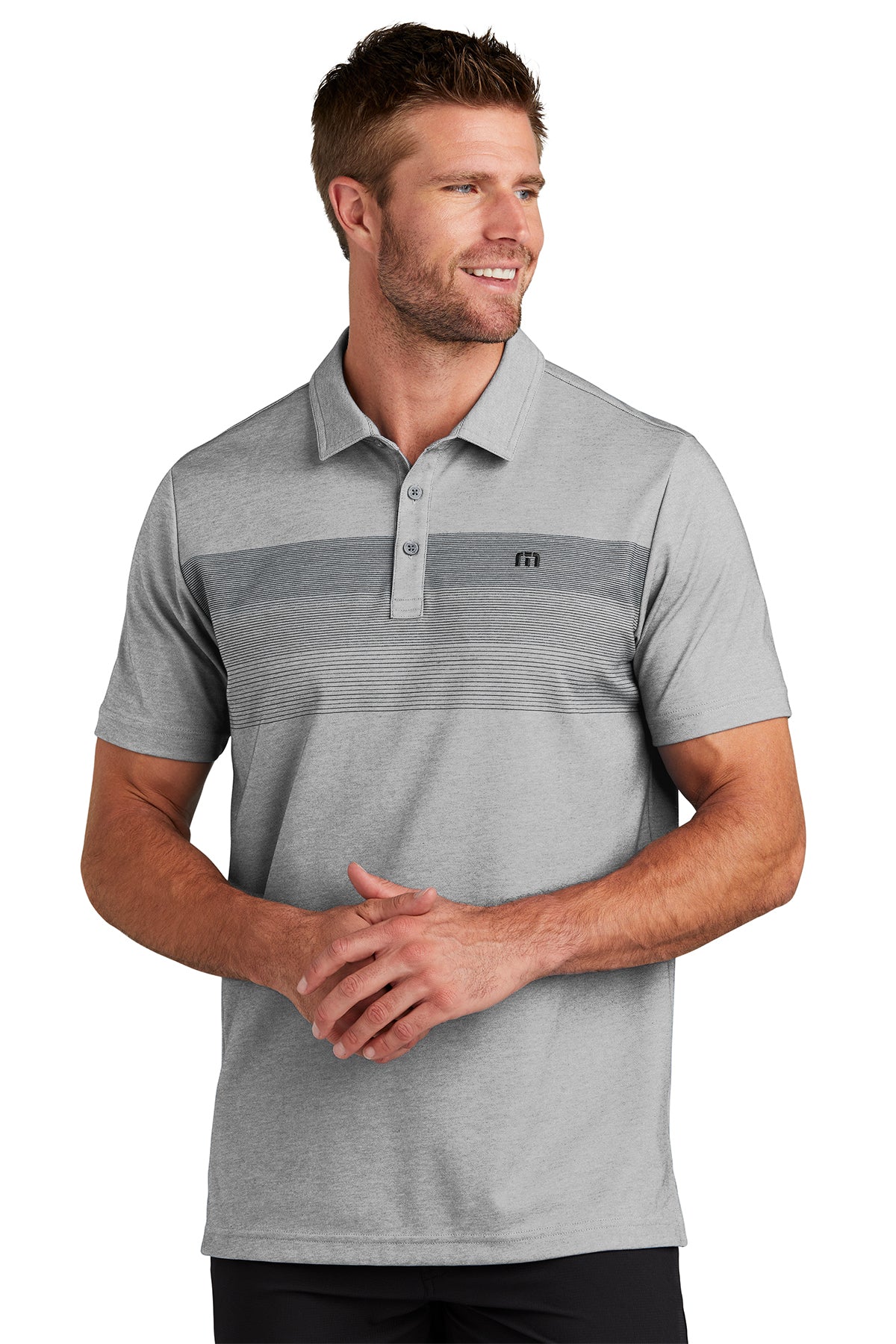 TravisMathew Coastal Chest Stripe Polo TM1MW450 Quiet Shade Heather Left Sleeve Embroidery Match M