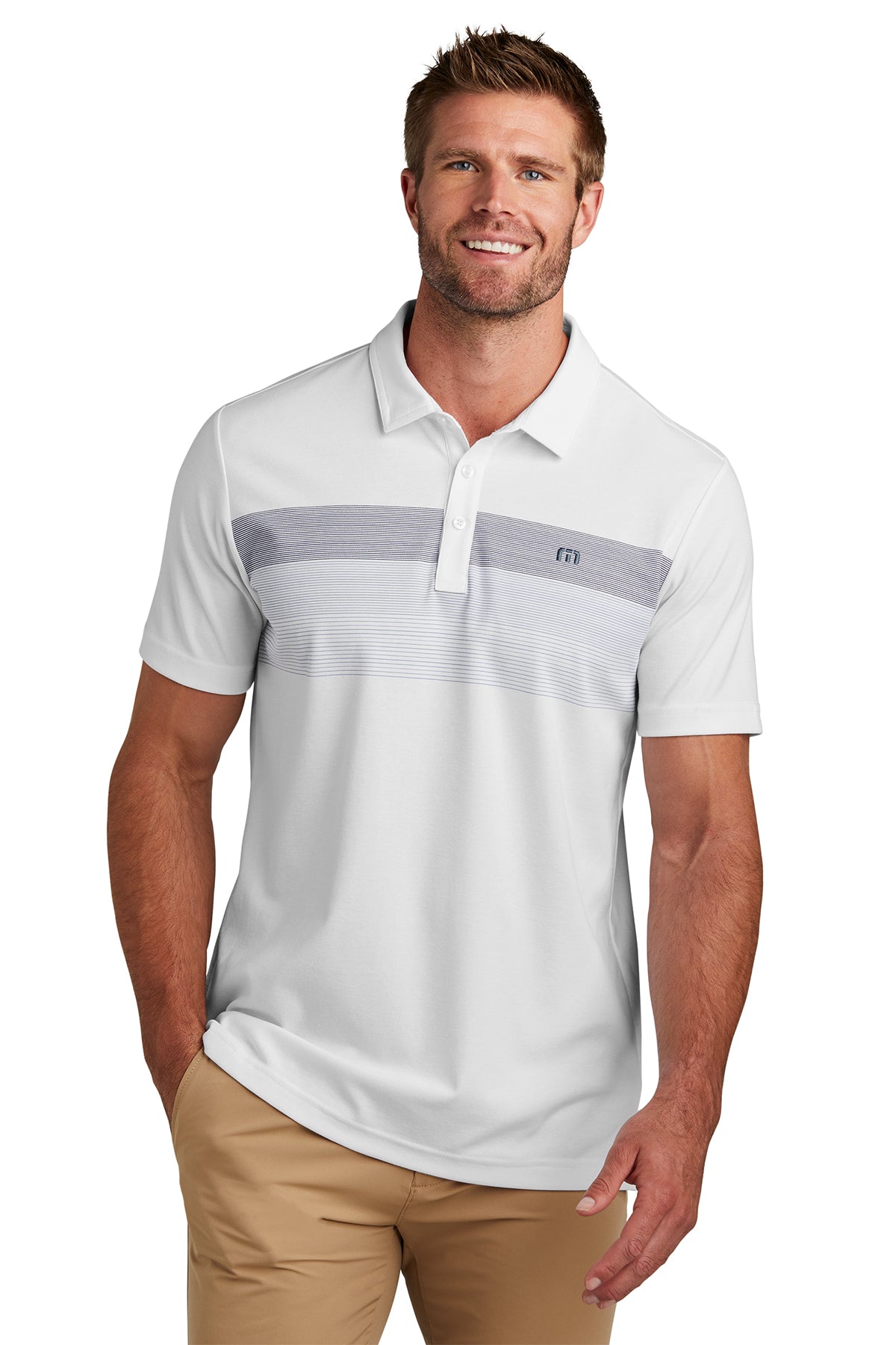 TravisMathew Coastal Chest Stripe Polo TM1MW450 White Left Sleeve Embroidery Grey Thread (same as M on left chest)